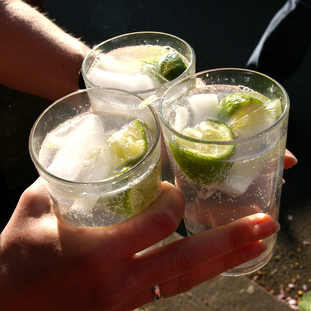 Botanical highballs with lime, mid-toast