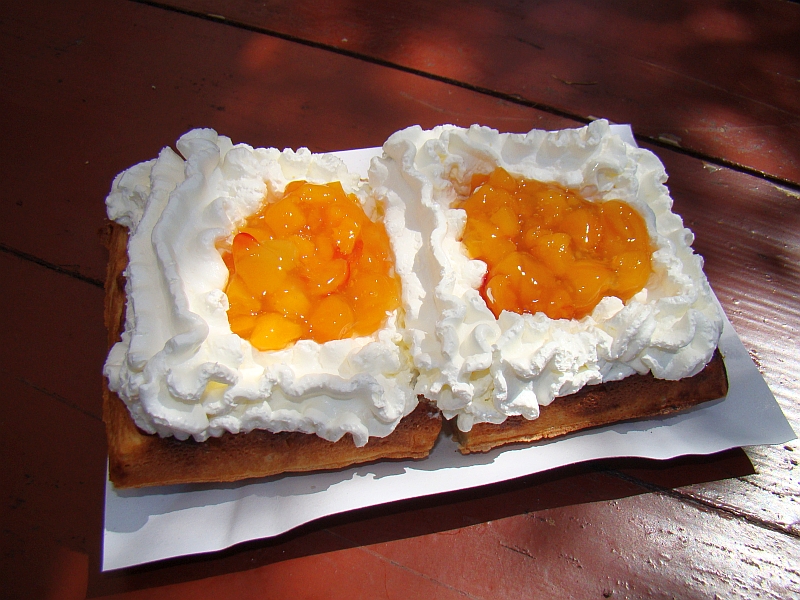 A waffle topped with jam and whipped cream
