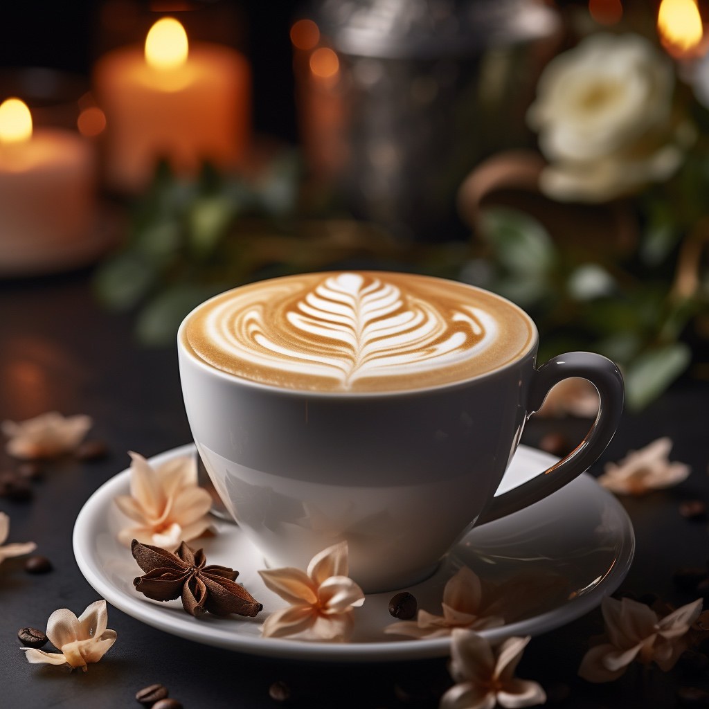 A vanilla latte with rosetta art and star anise